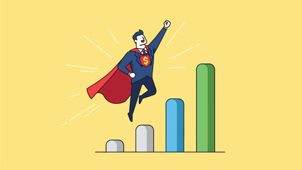 Business Superhero Leaping Over Growth Bar Chart for Success Concept Businessman superhero success
