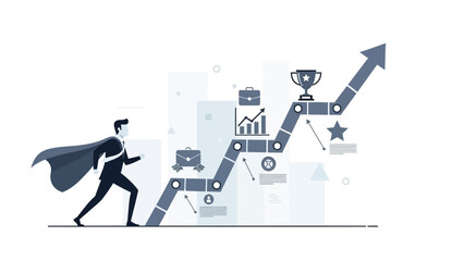 Businessman in Cape Ascending Growth Chart Towards Achievement Icon Businessman superhero success