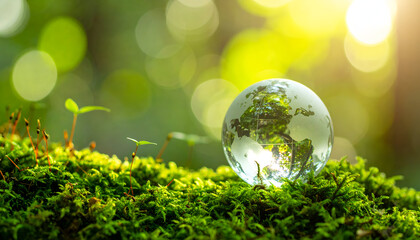Eco-consciousness Globe on moss: A pristine glass globe rests on a bed of verdant moss, sprouting small plants under the warm sun.