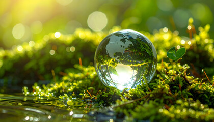 Earth's Reflection: A serene image showcasing a crystal ball with the world's continents reflected upon it, gently resting on a bed of vibrant green moss and lush vegetation.