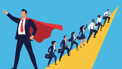 Fototapeta premium Business Leader Guiding Team Upward Success Pathway Illustration Businessman superhero success