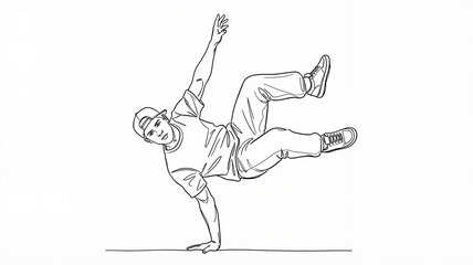 Minimalist line drawing of breakdancer in dynamic one-handed pose with copy space