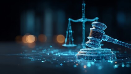 Digital gavel and scales of justice glowing with blue wireframe holographic effect