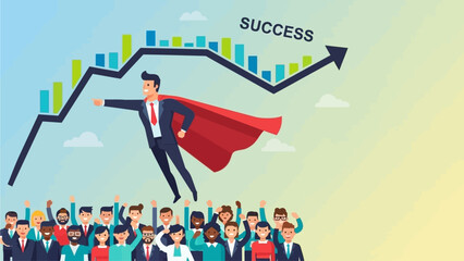 Businessman with Trophy and Upward Trending Bar Chart Representing Success and Achievement Businessman superhero success