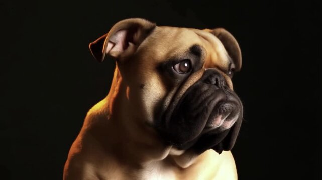 Portrait d'un bouledogue anglais isol&eacute; sur fond noir. Il fait sa moue habituelle de m&eacute;content et tourne la tete vers la droite. lumi&egrave;re dor&eacute;e. 