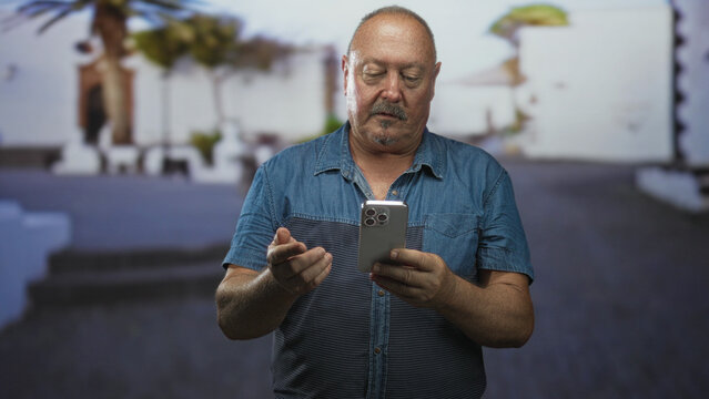 Man holding smartphone with both hands on a sunlit street, looking down at the screen by white walls and palm trees; quiet concentration. - Powered by Adobe