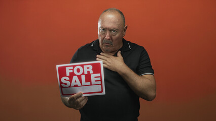 Man holds for sale real estate sign with right hand and left hand on chest, mouth open in studio; surprise dilemma.