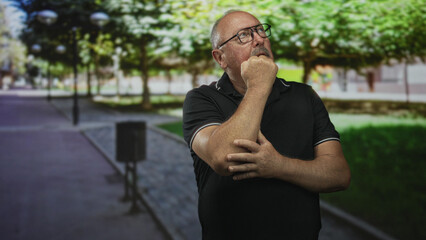 Senior hispanic man wearing glasses and black polo, with hand to mouth and forearm held on a tree lined street; thoughtful concern.