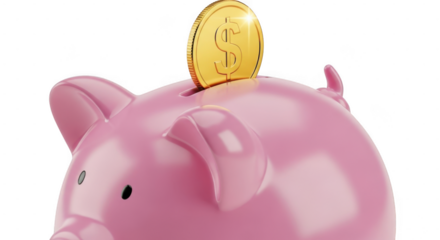 Pink piggy bank with a gold coin on top isolated on transparent background for saving money concept