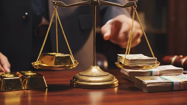 Balancing Gold and Cash - A set of scales balances stacks of money against gold bars. The video depicts wealth management, financial equilibrium and investment concepts.