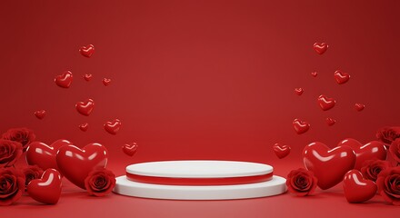 Valentine s Day Red Hearts & Roses Podium Display: Romantic 3D Render for Love, Celebrations & Special Occasions