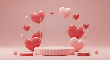 Romantic Pink & Red Hearts Podium with Transparent Frame - 3D Render for Love, Celebration, Valentine s Day, Marketing