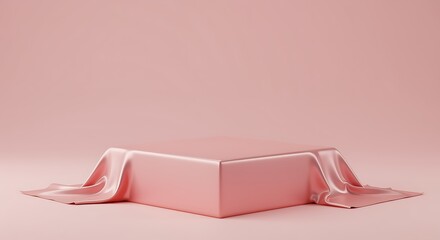 Elegant Pink Satin Draped Square Podium Minimalist 3D Render for Luxury Product Display, Beauty Ads, Sophisticated Presentations