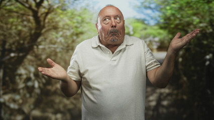 Man shrugs with palms up showing open hands and puzzled face in a forest path, wearing polo shirt; confusion resignation.