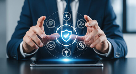Business cybersecurity protection concept with secure digital shield interface professional hands using tablet for enterprise data safety