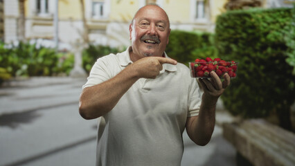 Senior hispanic man points finger at strawberries in a clear plastic punnet while holding it up on a city street, smiling broadly; summer joy.