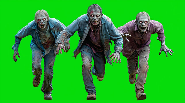 Three aggressive zombies with glowing red eyes running and charging forward on a green screen, undead monsters for horror movie production and apocalypse survival themes