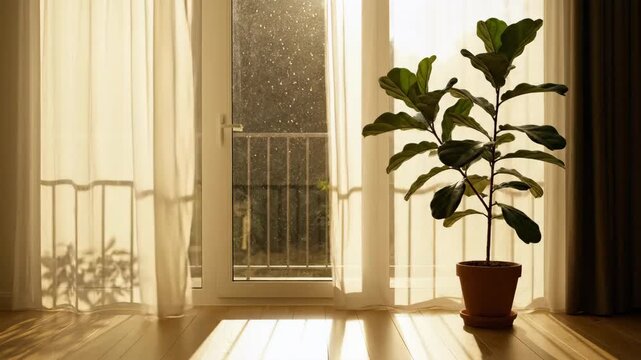 Fiddle Leaf Fig in Sunlight - This video showcases a potted fiddle leaf fig tree placed in front of a window covered with sheer white curtains.