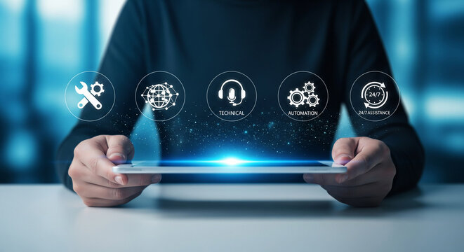 Professional digital customer support services displayed on tablet with automation technical assistance icons glowing in modern business technology environment - Powered by Adobe