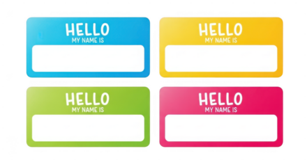 Colorful hello my name is stickers on transparent background for identification