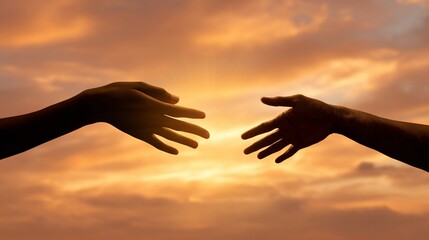 Two hands reaching, silhouetted against a fiery orange sunset sky