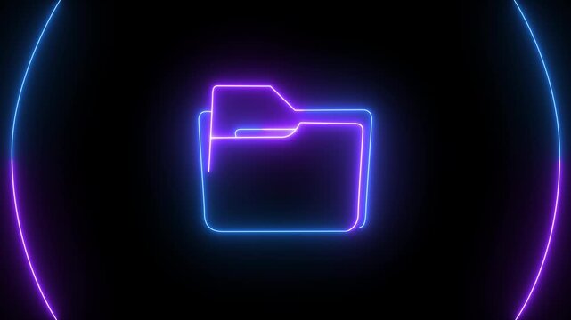 Glowing neon folder icon on a black background.4k video