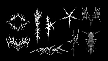 Neo tribal vector element, cyber gothic abstract black and white pattern, cyber sigilism hand drawn design