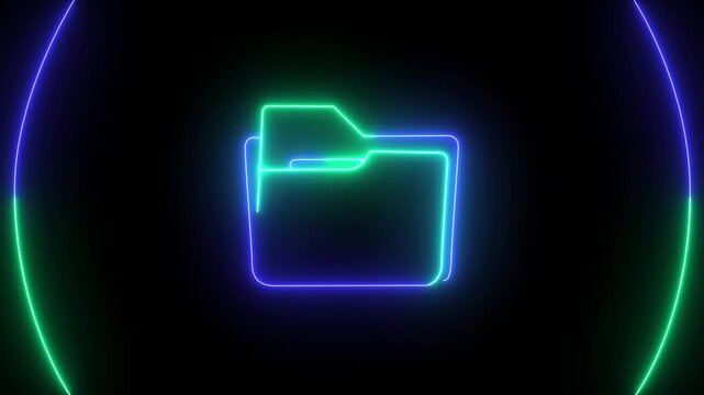 Glowing neon folder icon on a black background.4k video