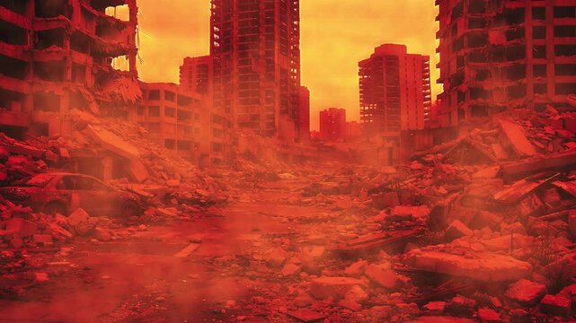 A devastated city street lies buried in rubble beneath skeletal high-rise buildings, as smoke drifts through the air under an orange sky.