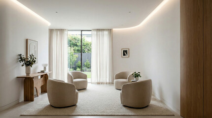 Modern minimalist living room interior with curved walls and beige armchairs. Luxury home design with soft natural light