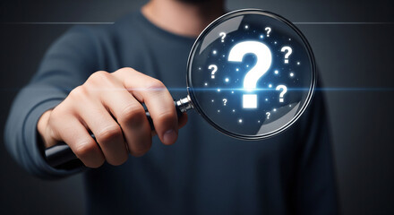 Close Up Hand Holding Magnifying Glass With Glowing Question Mark Representing Search For Answers And Analytical Thinking