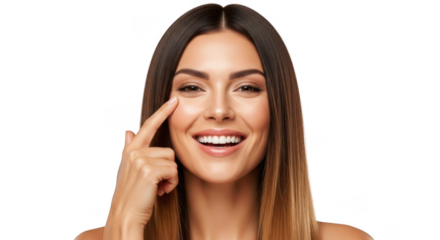 Smiling woman pointing to her eye with her index finger isolated on transparent background