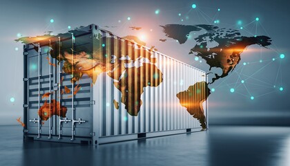Global logistics concept showing a shipping container overlaid with a stylized world map and a digital network visualization emphasizing global trade and connectivity.