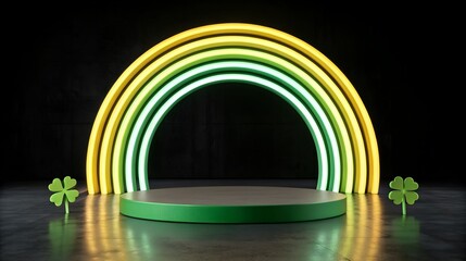 Neon rainbow arch with shamrocks on a dark background
