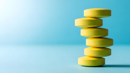 Stacked yellow tablets on blue background with copy space