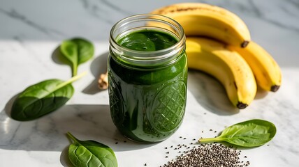 Revitalizing Green Smoothie: A vibrant green smoothie, accompanied by fresh spinach and ripe bananas, offers a healthy boost of energy