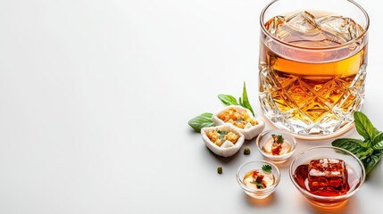Close-up of a glass of whiskey on the rocks next to traditional Asian dishes including sushi rolls and condiments on a white background with fresh herbs and ice