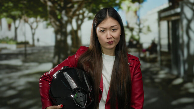 Woman wearing red jacket holding helmet stands on urban city street with trees visible in background capturing an outdoor ambiance.