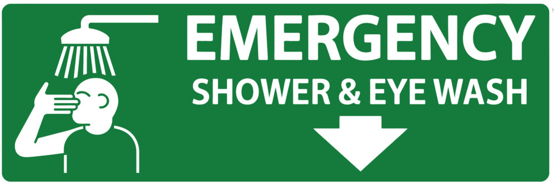 A emergency shower and eye wash station area sign vector, green and white safety illustration for workplace hazards, chemical protection, first aid, and industrial compliance design.