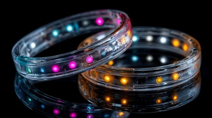 Two LED bracelets, one with pink/blue lights, other orange, on glossy black