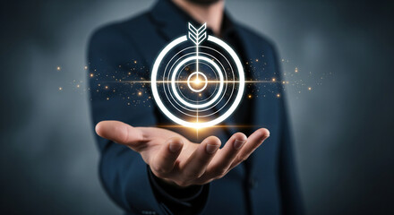 Modern businessman showcasing illuminated bullseye symbol representing precision planning leadership innovation business success goals