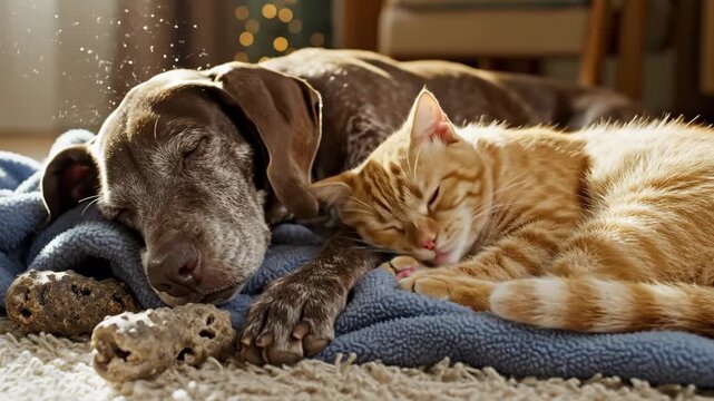 Cozy Cat and Dog Nap - A brown pointer dog and a ginger tabby cat are curled up together, asleep on a blue blanket. The sun shines on them in a cozy indoor setting, with dog treats nearby.