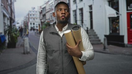 Young man holding rolled blueprints and cardboard tubes, looking sideways while standing in a cobbled street lined with shops and stairs; thoughtful planning.