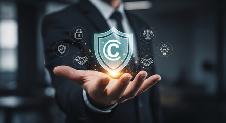 Digital copyright protection shield with secure business hands showcasing intellectual property compliance trust law technology innovation