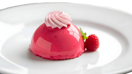 Elegant raspberry dessert on white plate isolated on transparent background