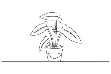 Continuous one line drawing of Beautiful plants in ceramic pots. Single line drawing illustration of Tall green plant. Home gardening concept vector art. Doodle line illustration. © NVLvibes