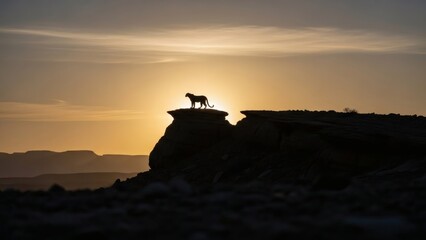A lone dog stands silhouetted on a rocky cliff edge against a warm sunset sky, surveying the vast landscape.
