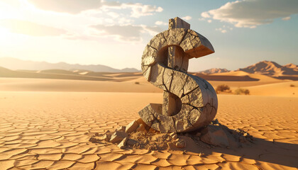 Cracked stone dollar symbol standing on a dry, parched ground representing economic collapse and inflation.