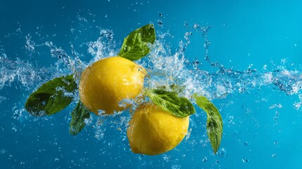 Two lemons with green leaves splashing in clear blue water, creating dynamic splash