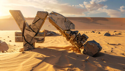 Cracked Yen currency symbol in a desert at sunset, representing Japanese economic crisis and inflation.